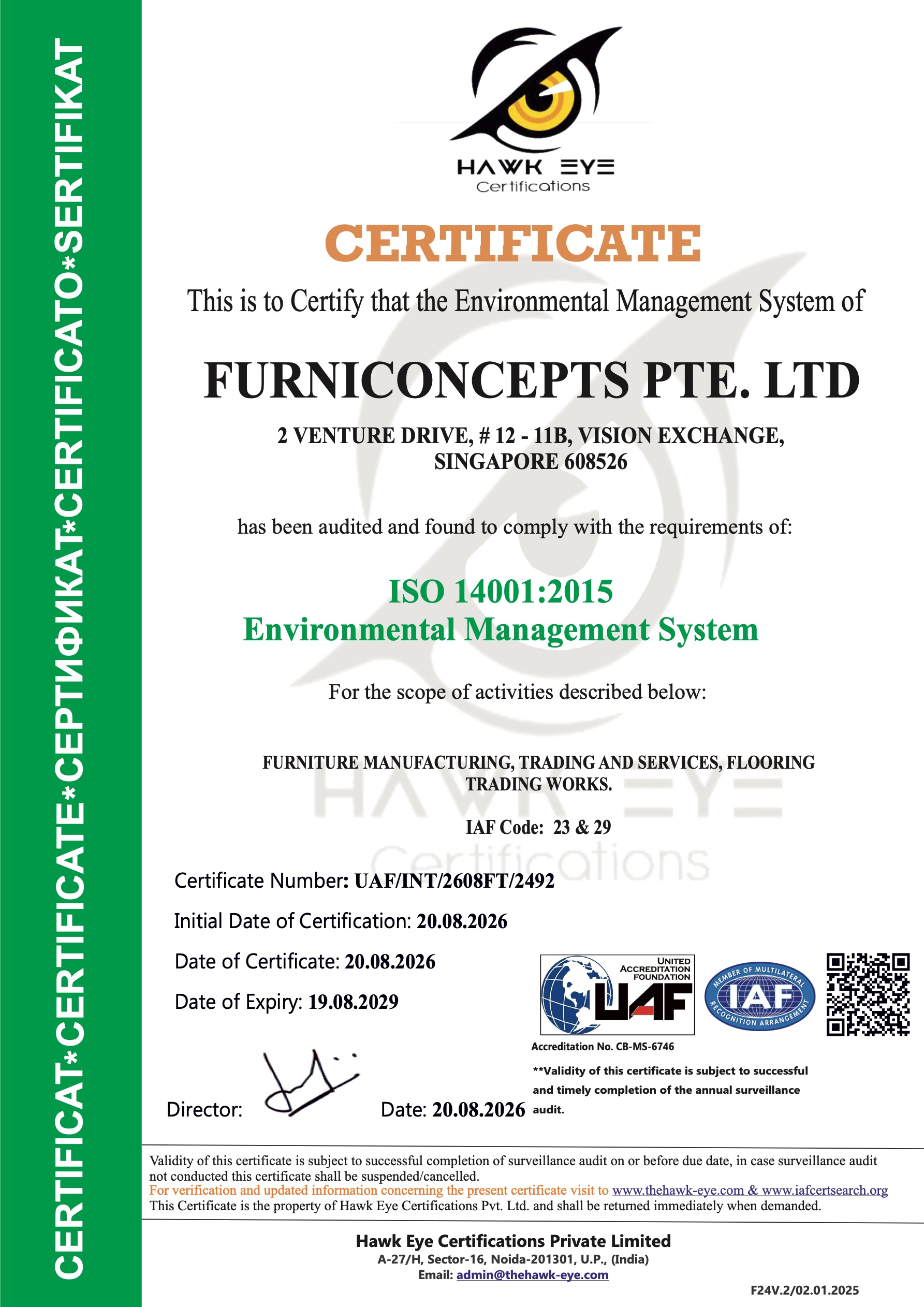 ISO 14001:2015 Certificate – Furniconcepts Pte. Ltd.
